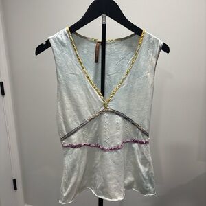 Metal-Trim White V-Neck Satin Camisole